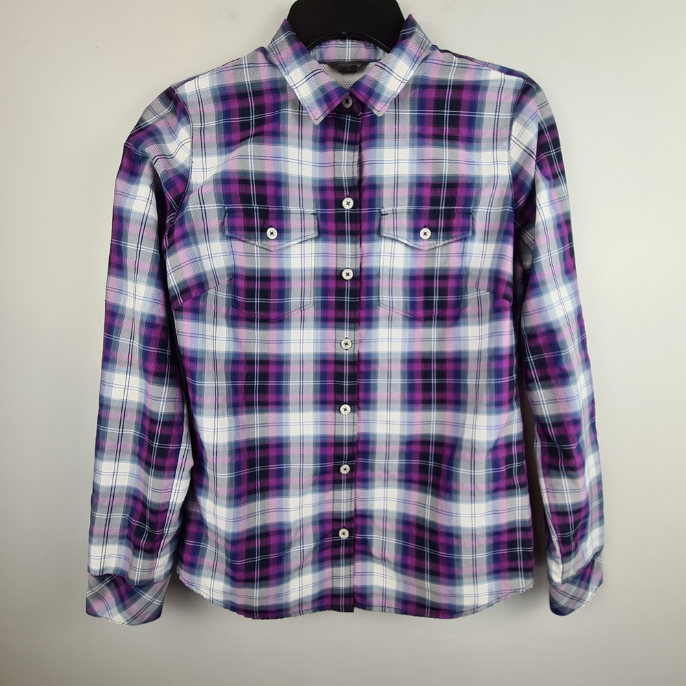 Eddie Bauer Womens XS Purple Plaid Roll Tab Long Sleeve Hiking Shirt Technical